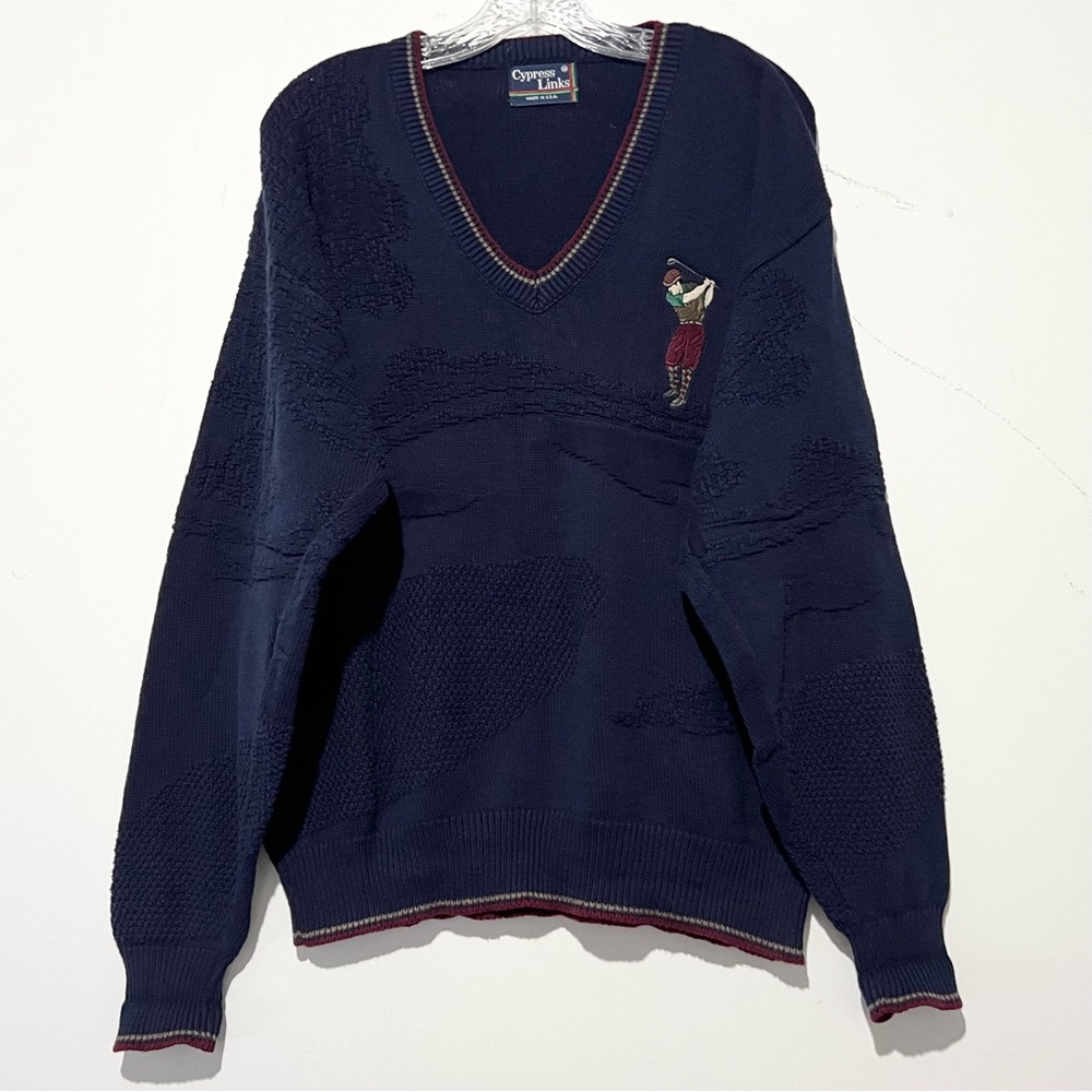 Cypress Links Sweater Men's M Blue Golf V Neck Embroidered Golfer USA Vintage
